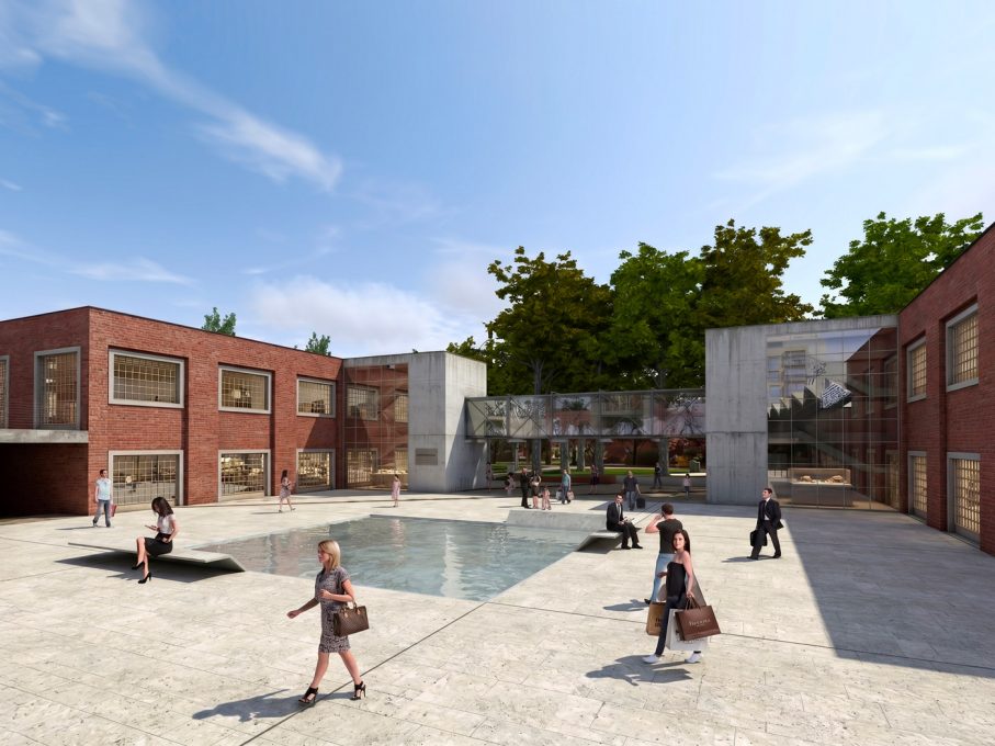 Spazio Leva - Vista della corte con specchio d'acqua e passerella vetrata
