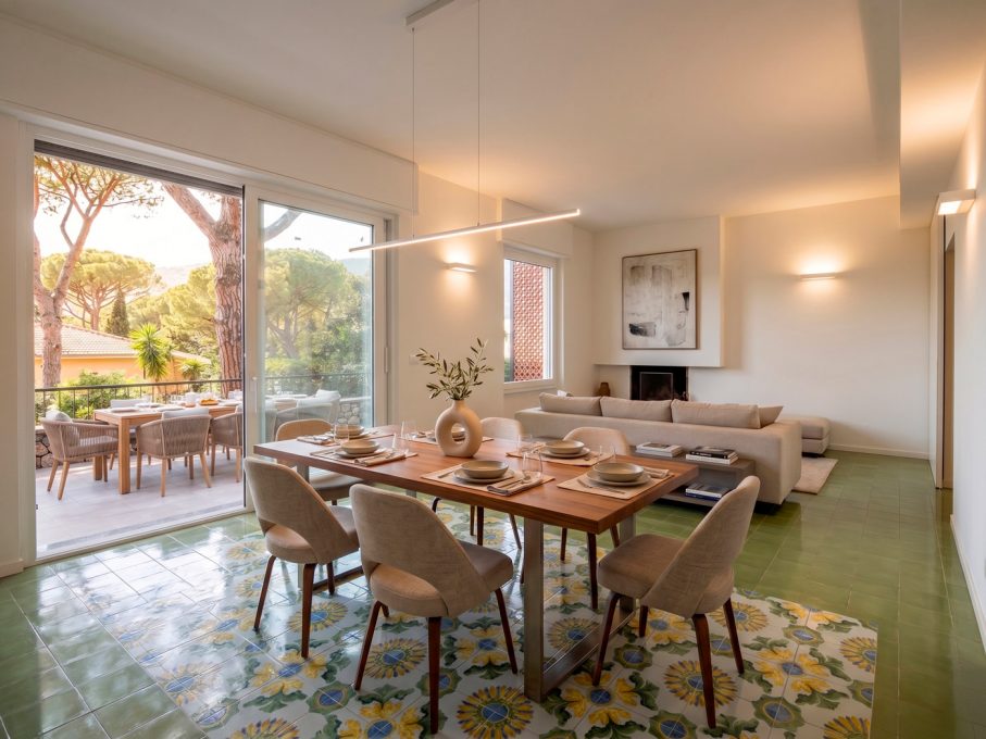 Zona living e sala da pranzo con maioliche decorate e vista terrazza
